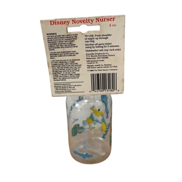 Vtg Evenflo Disney Babies Donald Duck Nursery Bottle 4 Oz Clear Plastic w Cap - Picture 2 of 7